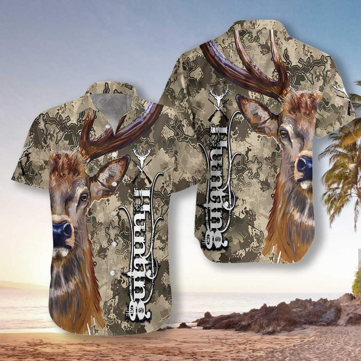 Deer And Camo Hunting Unisex Hawaii Print Aloha Short Sleeve Casual Shirt Ha74181