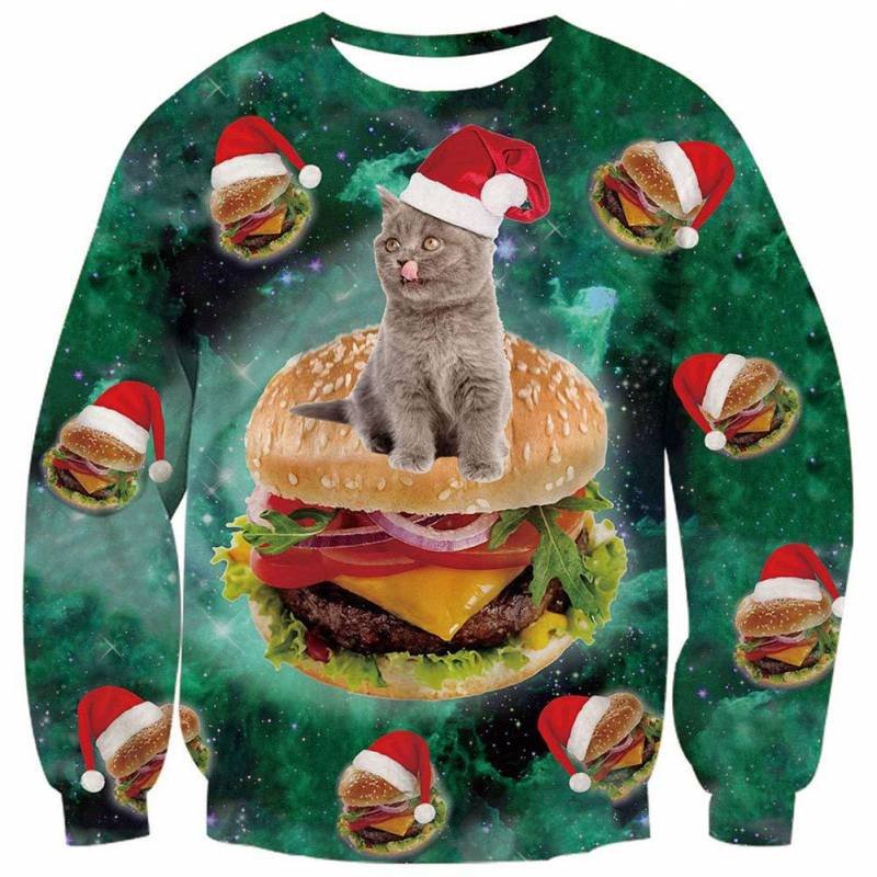 Xmas Cat Riding Burger Sweater – Junk Food Animal Green Pullover Polyester/ Spandex Jumper