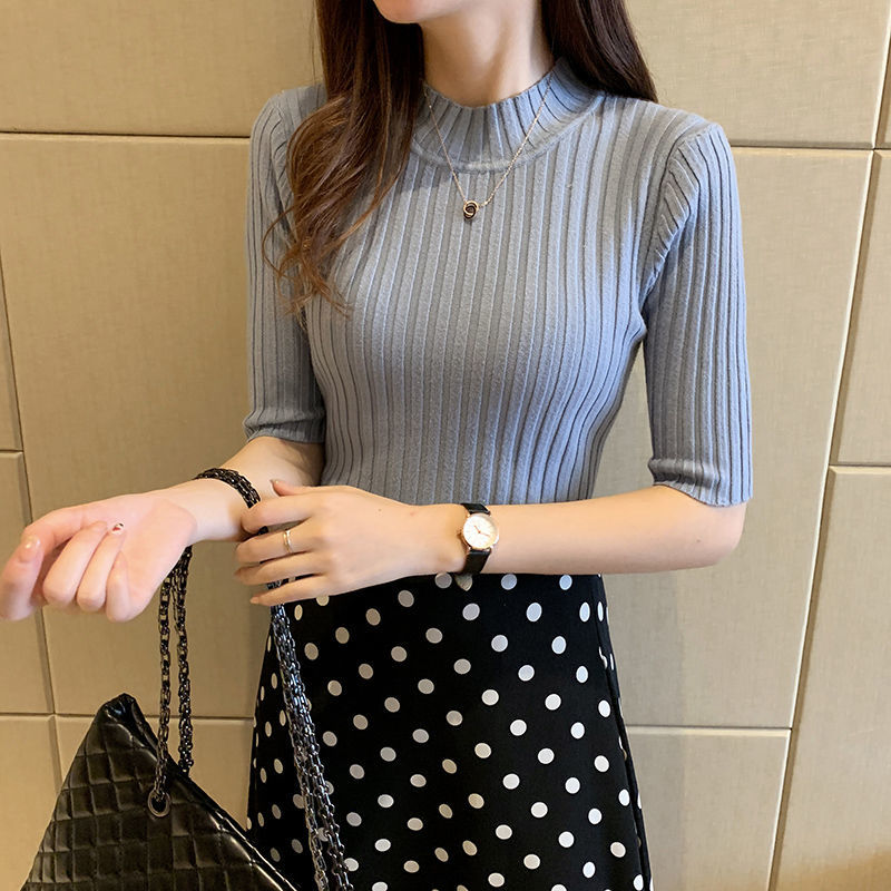 Spring And Autumn New Korean Slim Fit T-shirt Women’s Half High Neck 5-minute Sleeve Thin Pure Color Lady Sweater Top alx