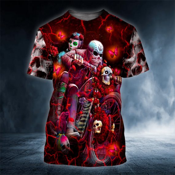 Red Rose Motorcycle Skeleton Couple Skull 3D All Over Printed Unisex Tshirt Us Size