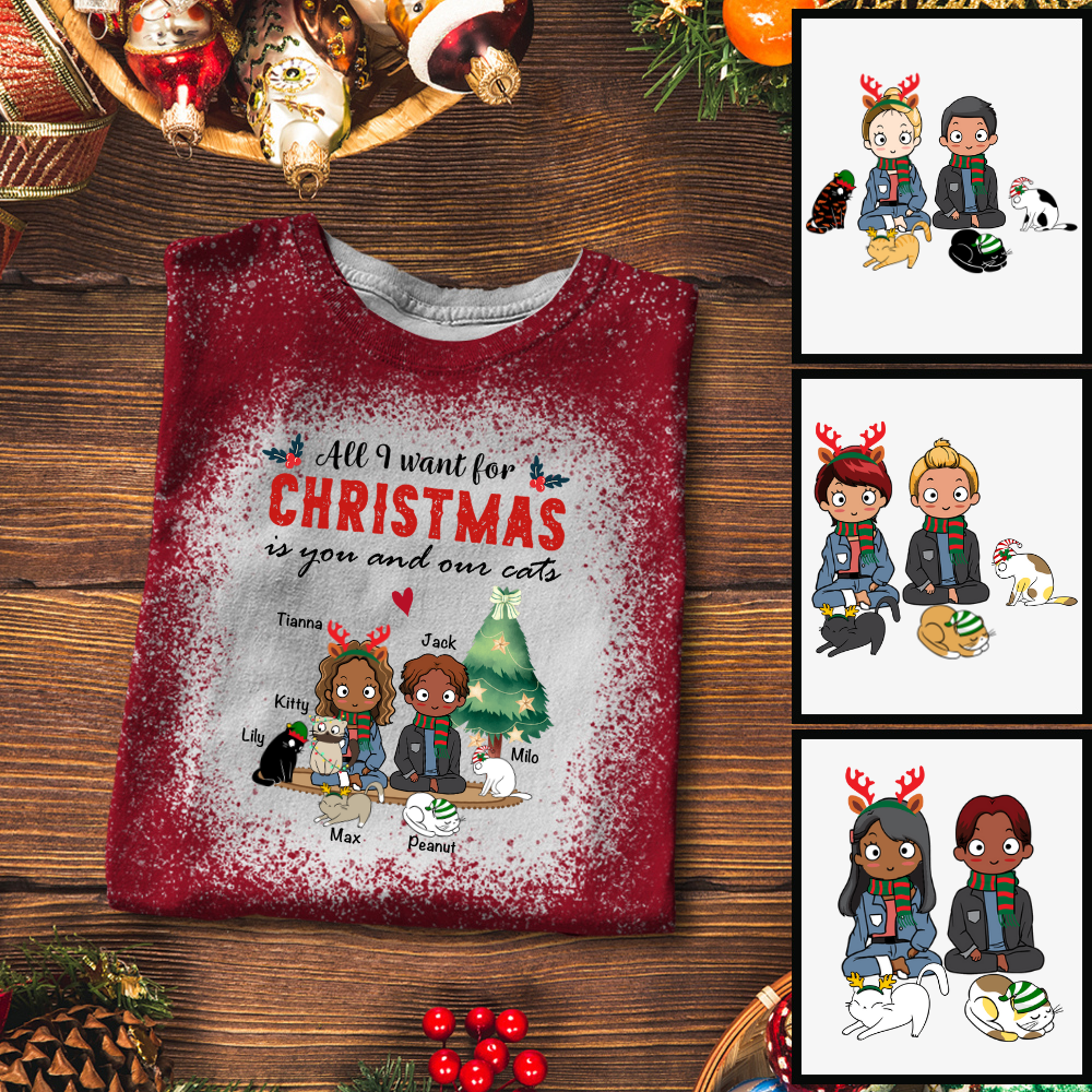 Christmas Chibi Couple Cats Personalized Bleached Shirt Sweatshirt Hoodie Ap384