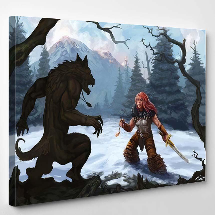 Werewolf Warrior Snow Covered Mountain Landscape – Dragon Animals Canvas Print