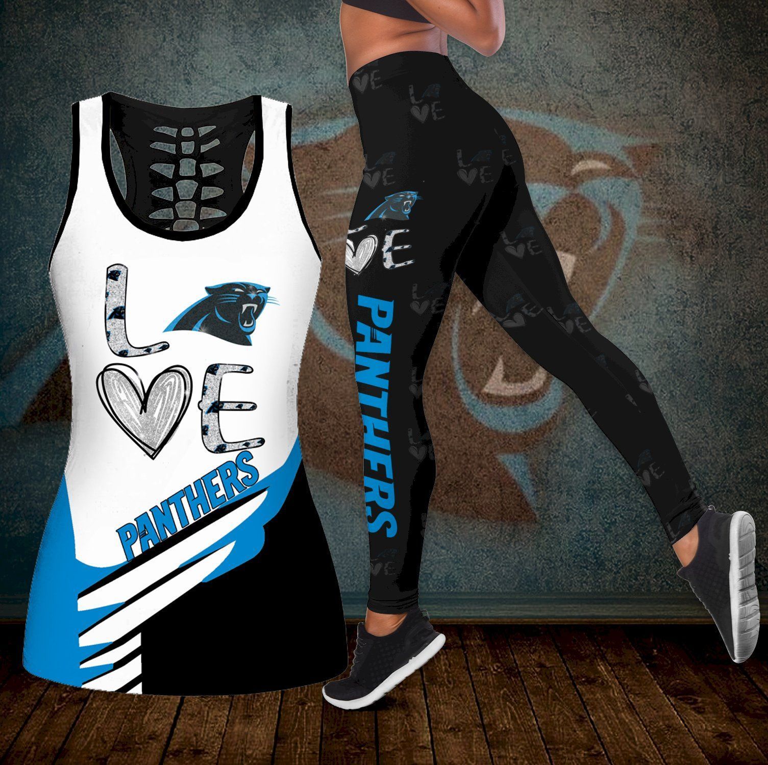 Combo Carolina Panthers Love Hollow Tanktop Leggings Set Outfit K1997