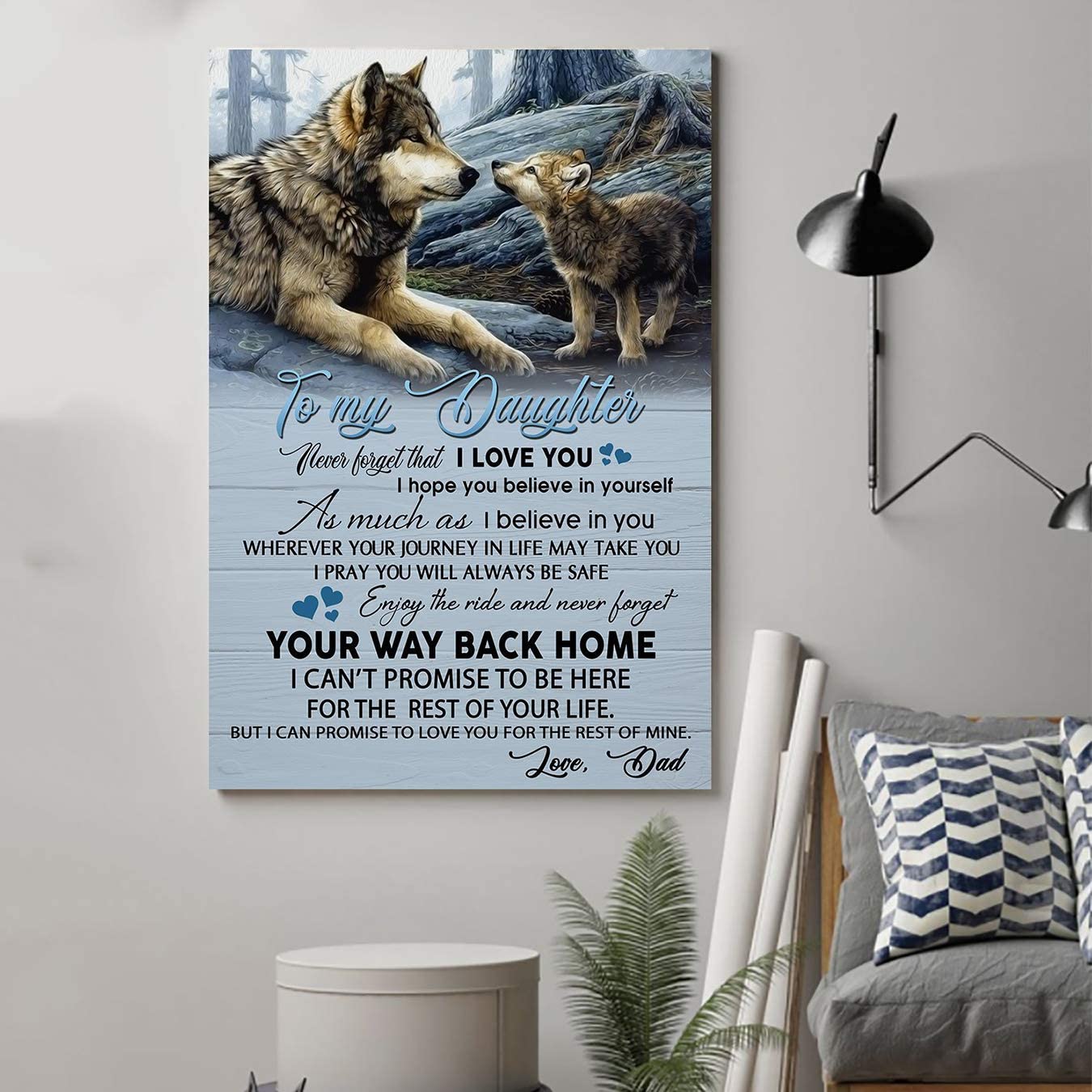 Poster for Room Aesthetic – Command Strips Wall Decor – Qh100 Customizable Wolf Poster – Dad to Daughter – I Love You