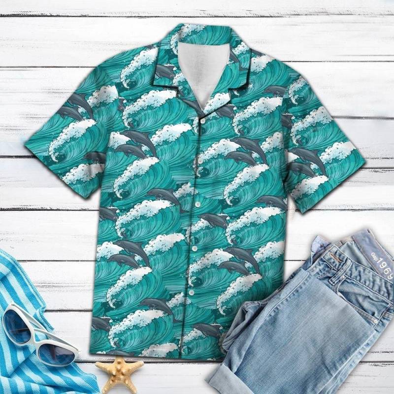 Artsyhomes [Hawaii Shirt] Dolphin Waves T0607