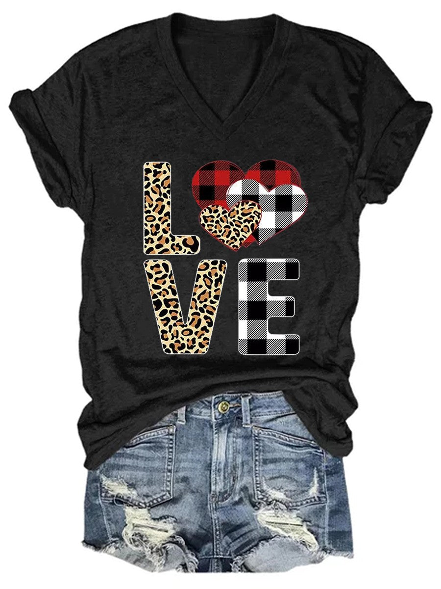 Women’S Valentine Love Plaid Leopard V-Neck T-Shirt