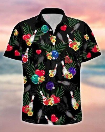 Simple Tropical Bowling Heart Black Aloha Hawaii Shirts For Men And Women Ha13397