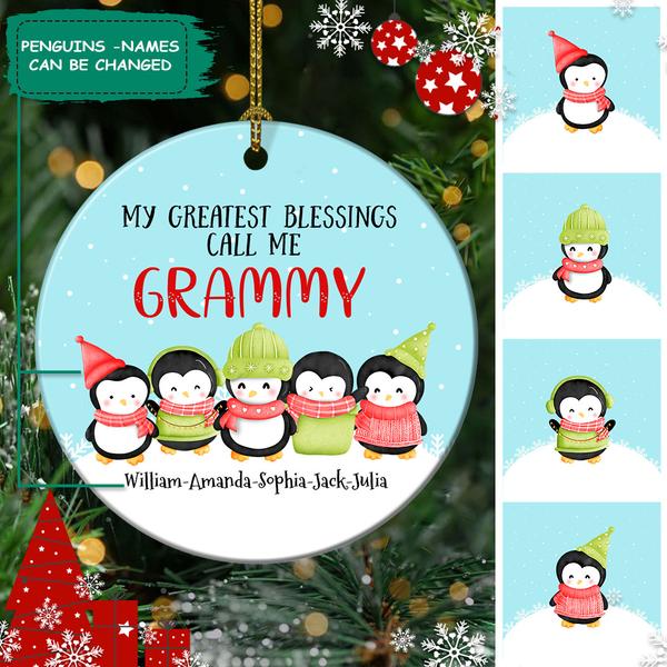 My Greatest Blessings Call Me Grammy Ornament – Penguin Grandkids Christmas Together Ceramic Ornament – Personalized Decorative Christmas Ornament