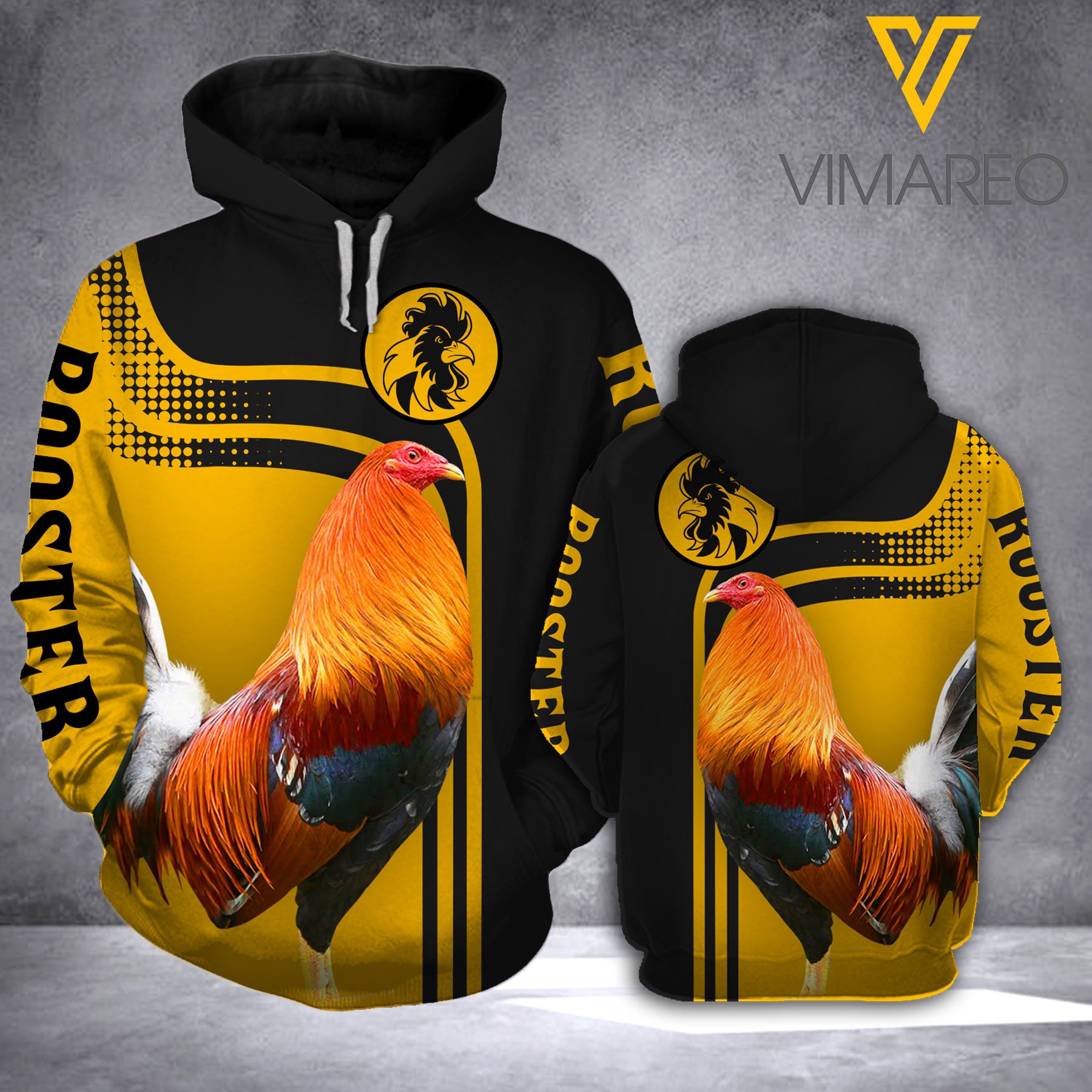 Rooster Yellow Black Hoodie Hsegh