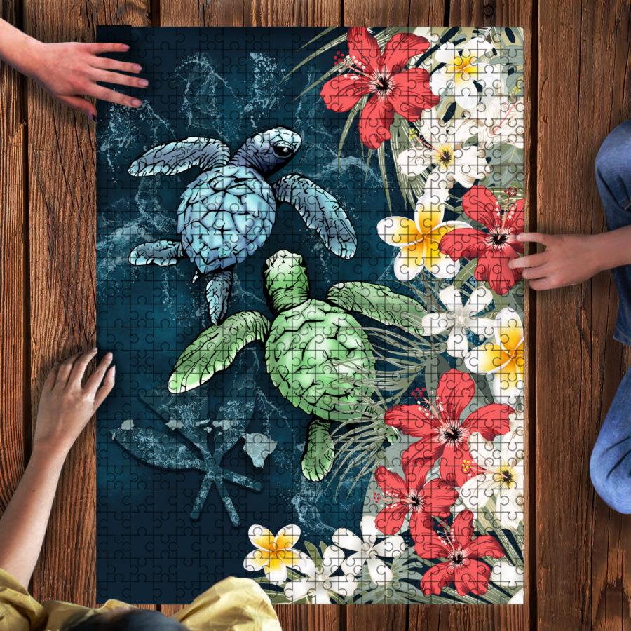 Kanaka Maoli ( Hawaiian) Wood Puzzle – Sea Turtle Tropical Hibiscus And Plumeria A24