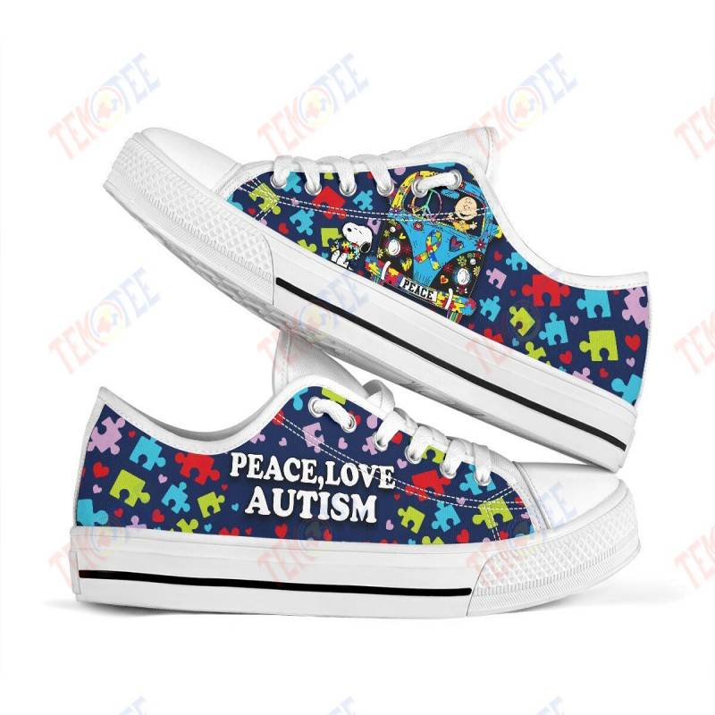 Mens Womens Snoopy And Charlie Brown Peace Love Autism Kid Snoopy And Charlie Brown Peace Love Autism Low Top Canvas Low Top Shoes Custom Print Footwear Converse Sneakers TMT249