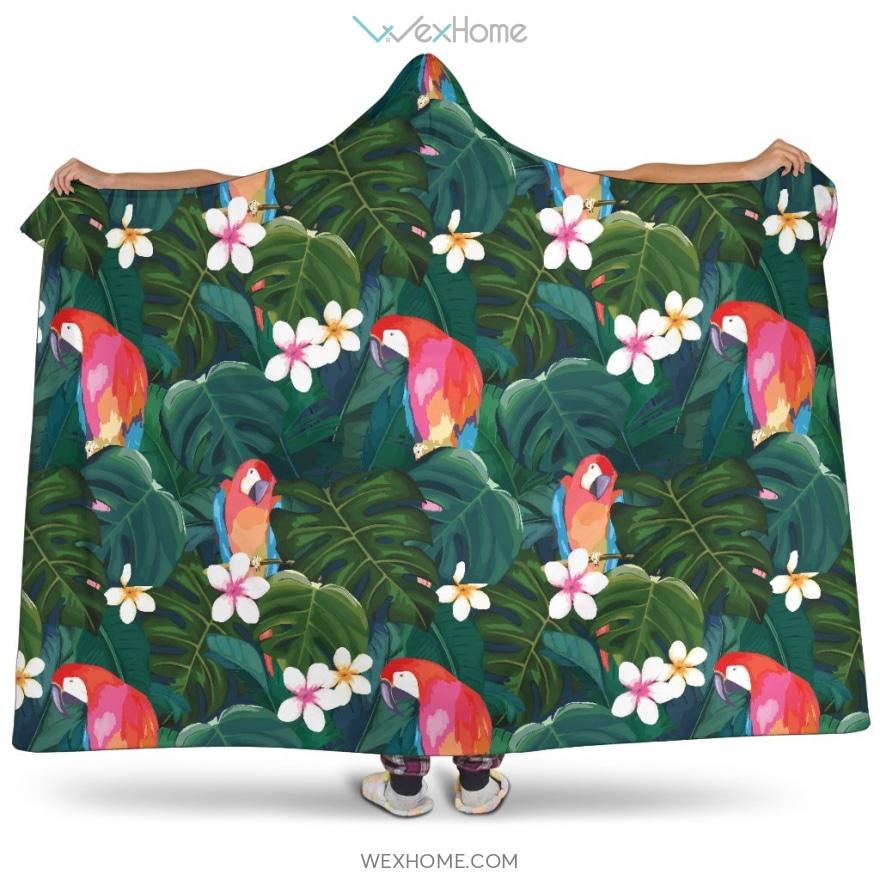 Parrot Palm Tree Leaves Flower Hibiscus Pattern Hooded Blanket