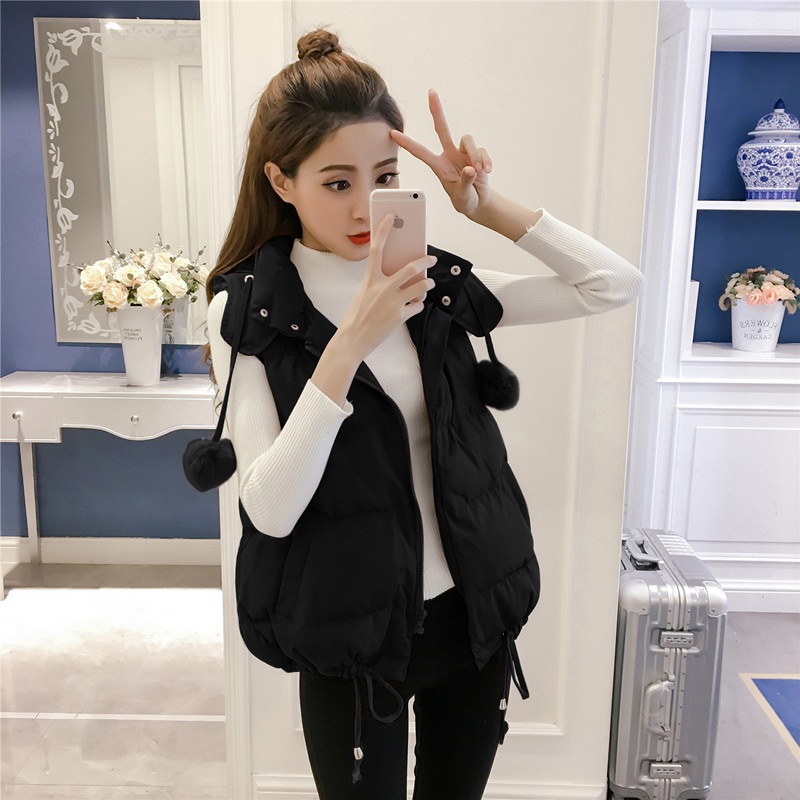 UHYTGF Autumn Winter Clothes Vest Women Waistcoat Loose size Korean Hairball Hooded Down Cotton Vest Warm Sleeveless Jacket 536 alx