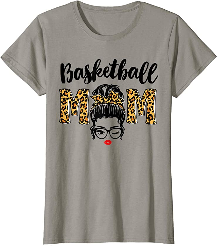 Womens Basketball Mom Shirt Cute Mother’s Day Leopard Messy Bun T-Shirt