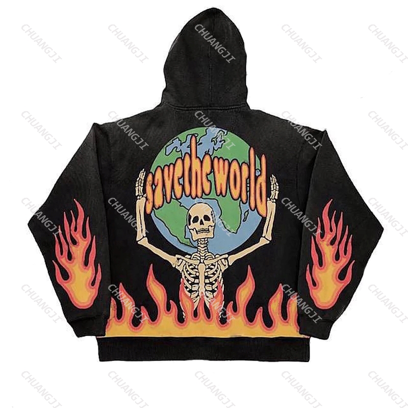 Versatile Sweatshirts Women Hoodies y2k Harajuku High Street Back Flame Print Trend Gothic Skull Hip Hop Couples Top Loose Punk alx