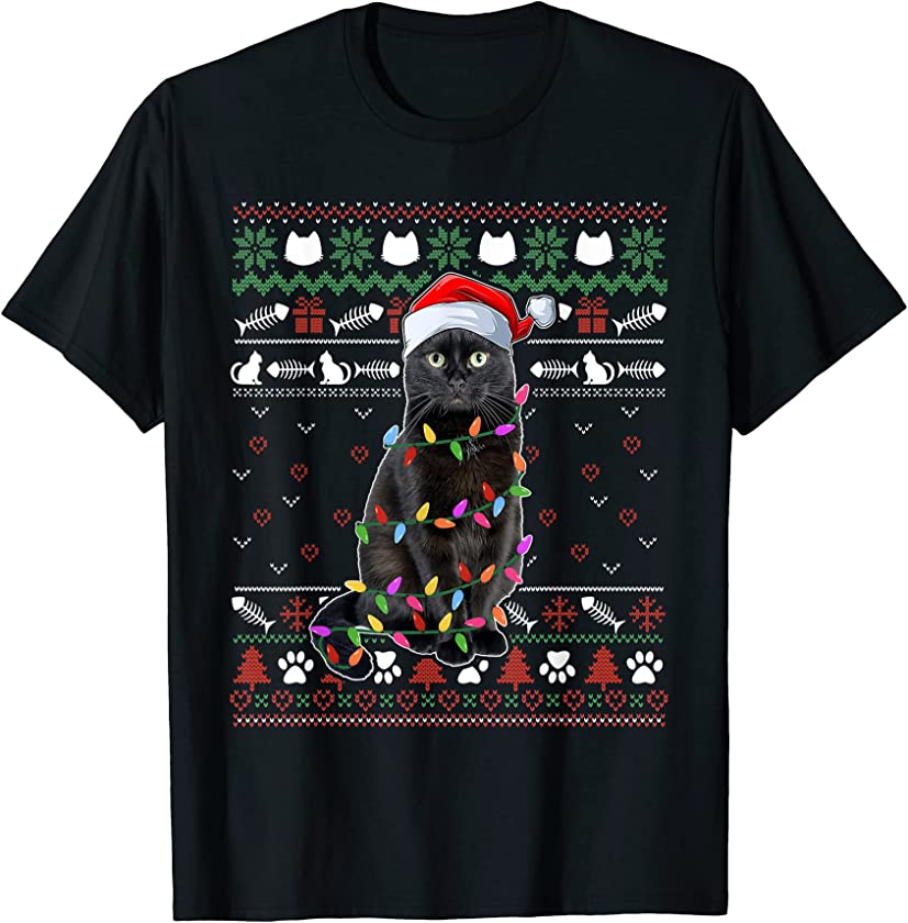 Black Cat Ugly Christmas Sweater Cats Lover Womens Girls T-Shirt