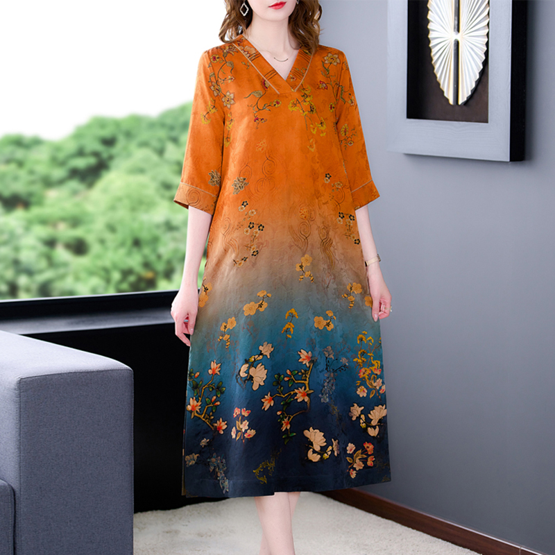 2022 Floral Natural Silk V-Neck Midi Dress Women Korean Vintage Loose Waist Party Dress Summer Elegant Casual Plus Size Dresses alx