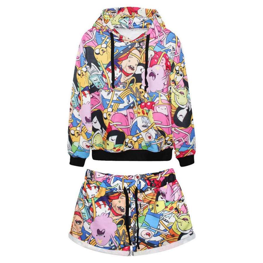 Women’s All Over Print Adventure Time Cartoon Collage Printed Tracksuit Sport Suit Hoodies Sweatshirt +Pants 2pc Set Jogging Sportswear