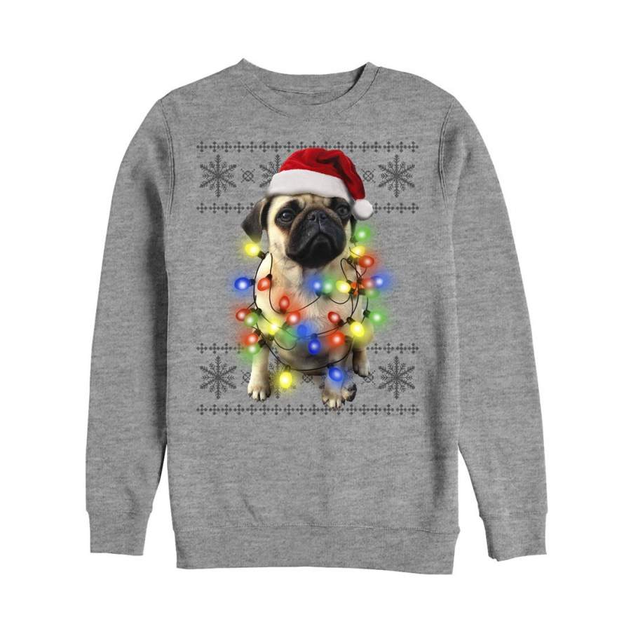 Lost Gods Men’s Ugly Christmas Pug Lights  Sweatshirt Athletic Heather