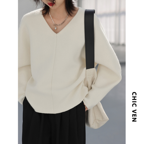 CHIC VEN Women Knitted Sweaters Loose V-neck Pullover Long Sleeve Solid Female Jumpers Knit Lady Tops Autumn Winter 2022 alx