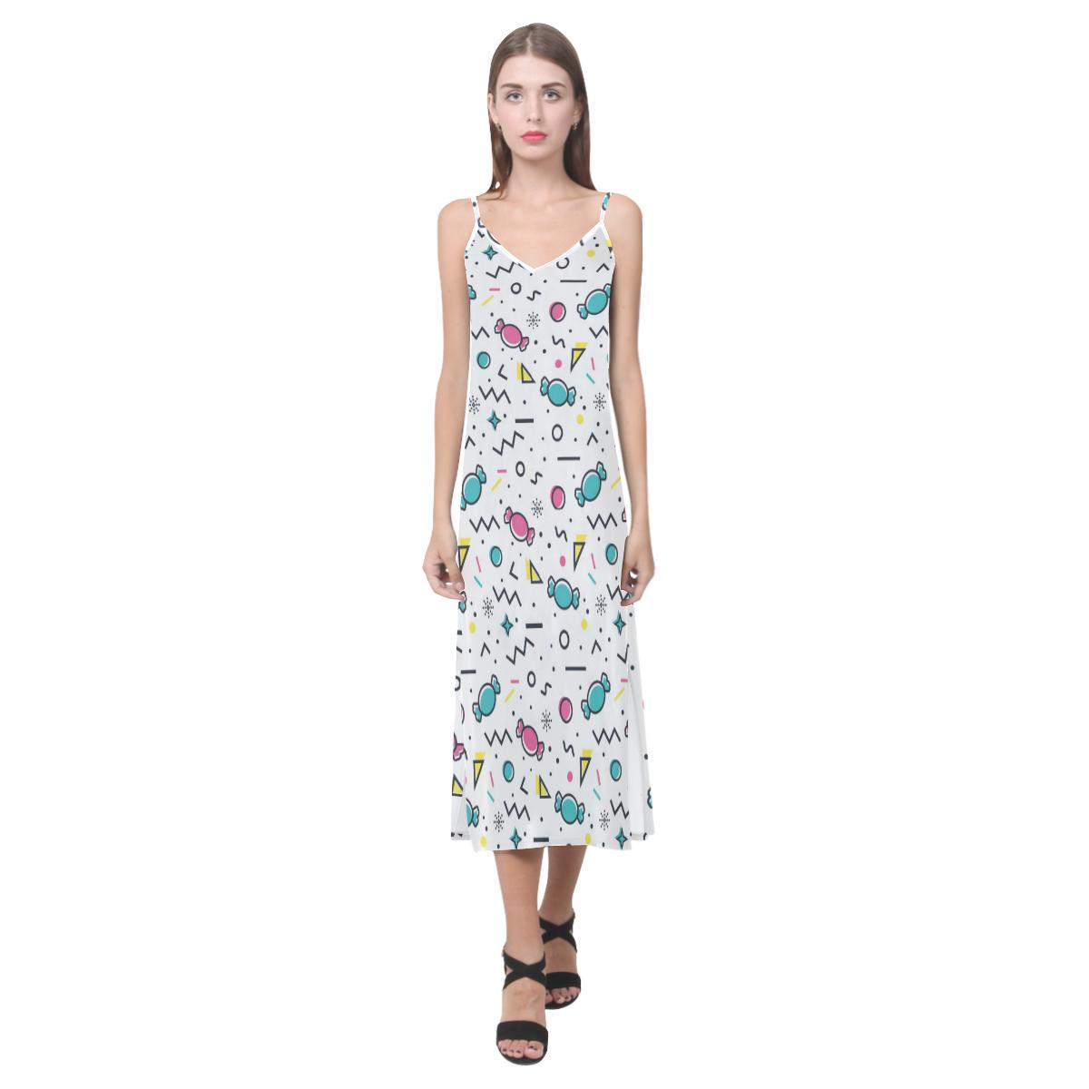 Candy design pattern V-Neck Open Fork Long Dress