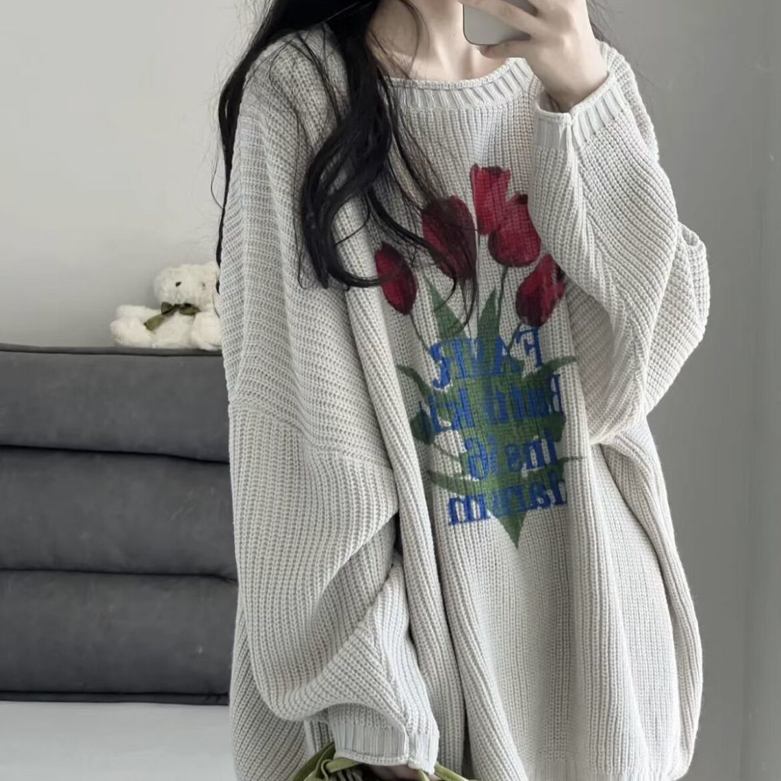 Autumn 2022 New Loose Long Letter Pullover Round Neck Long Sleeve Fashion Casual Versatile Korean Knitted Sweater Women alx