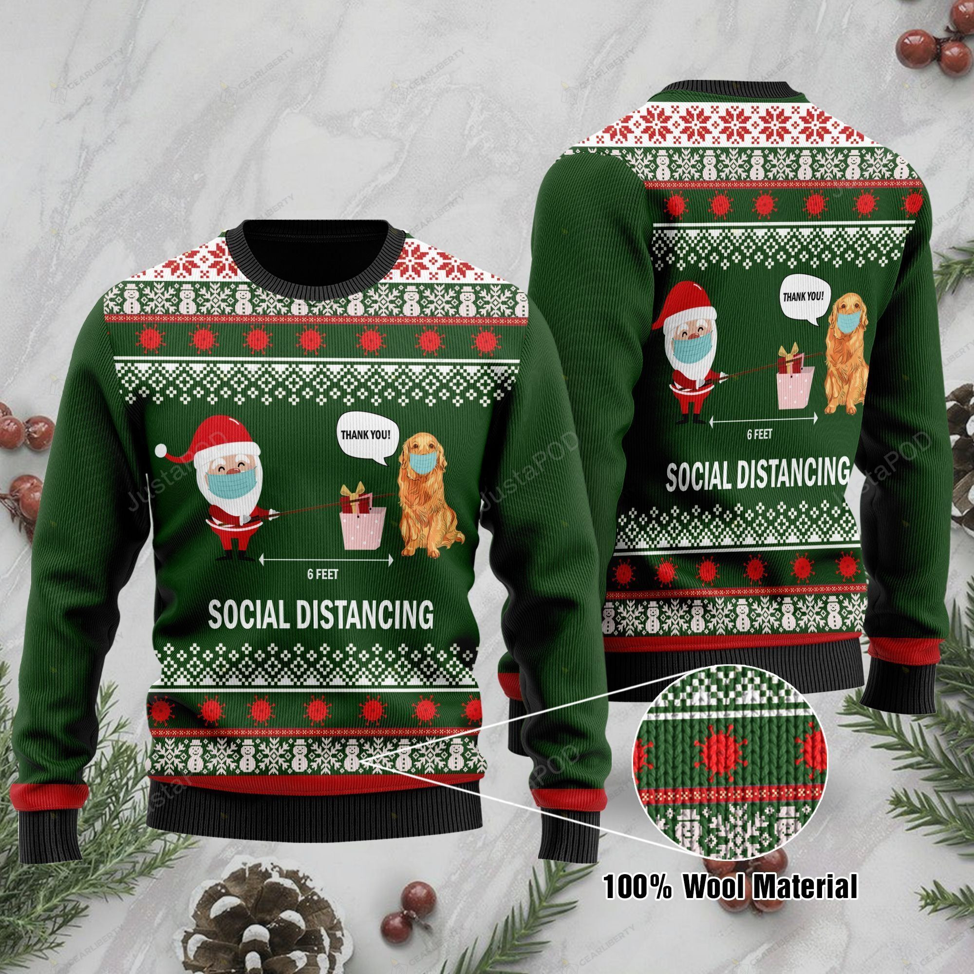 6 Feet Social Distancing Golden Retriever And Santa Claus Ugly Christmas Sweater, All Over Print Sweatshirt