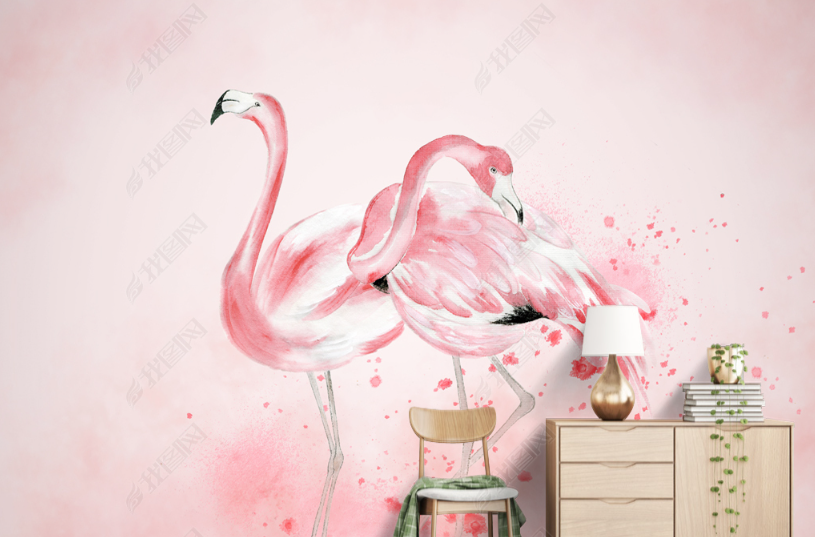 3D Hand Drawn Animal Pink Flamingo Wall Mural Wallpaper Lqh 282