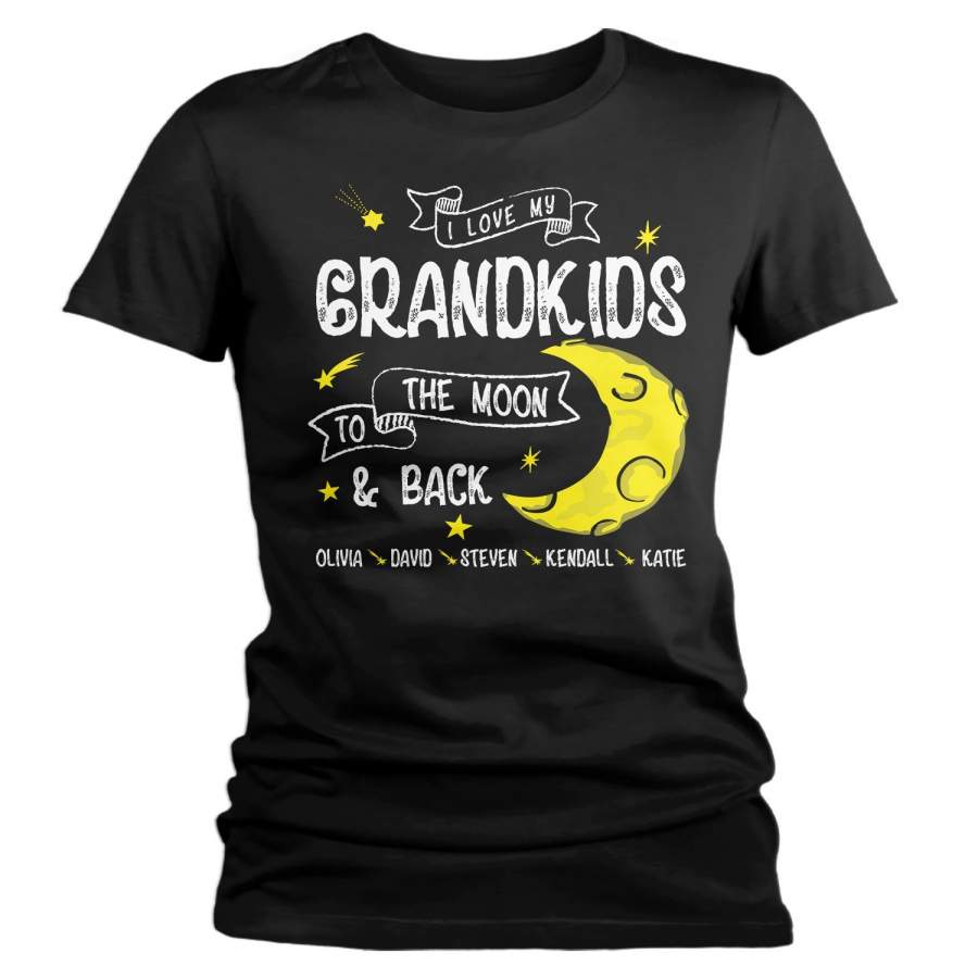 Women’s Personalized Grandma T-Shirt Love Grandkids Moon Back Custom Grandma Shirts Names Celestial Gift Idea