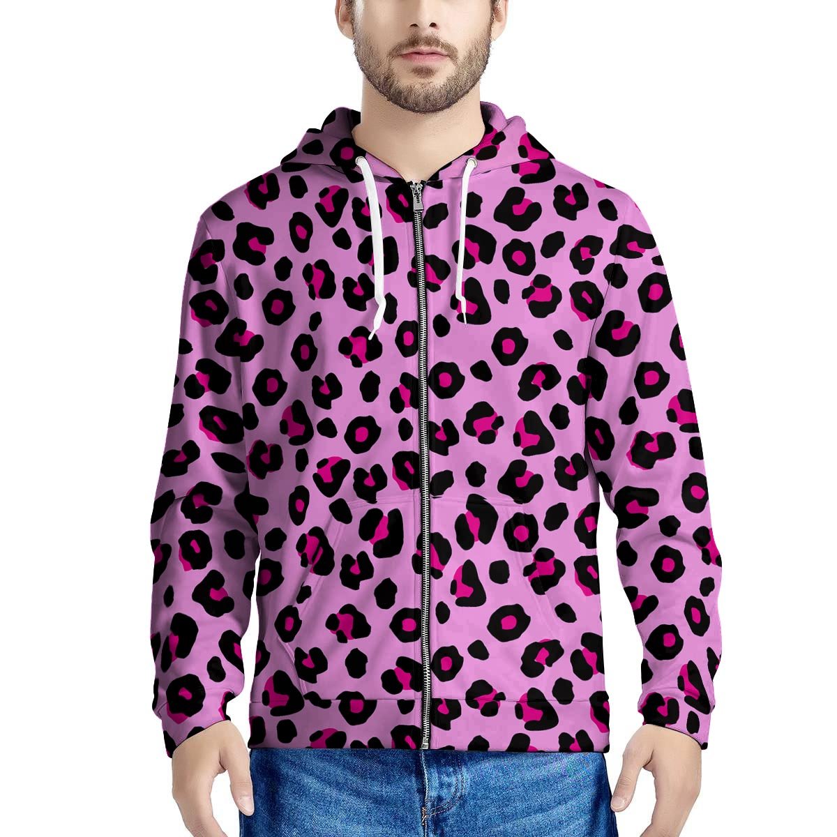 Pink Leopard Men’S Zip Up Hoodie