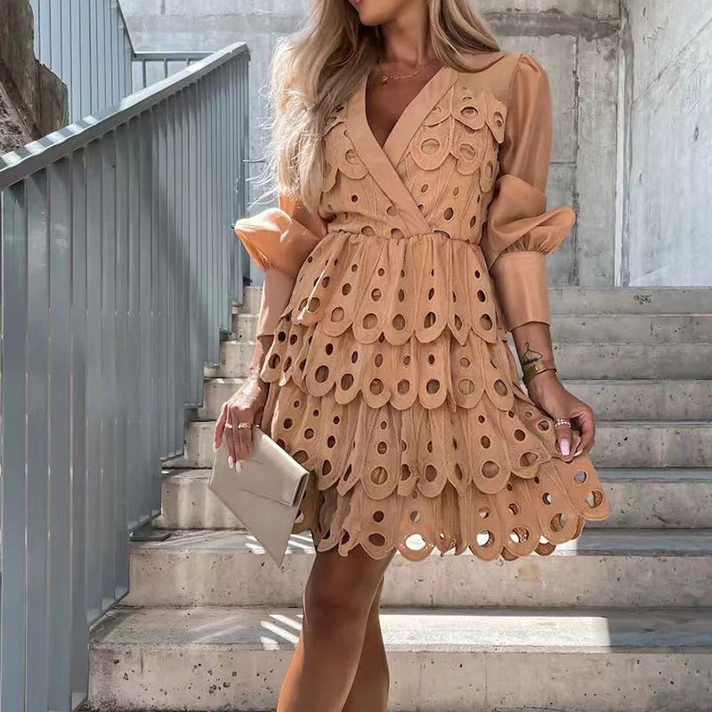 Vintage Elegant Hollow Out Pattern Appliques Dress Office Lady Autumn Winter New Solid Dresses Women Sexy V-Neck Patchwork Dress alx