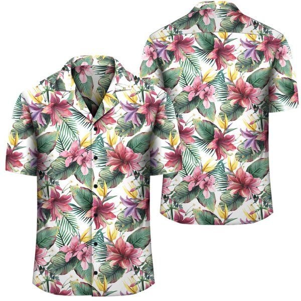 Tropical Palm Leaf White Hawaiian Shirt V1