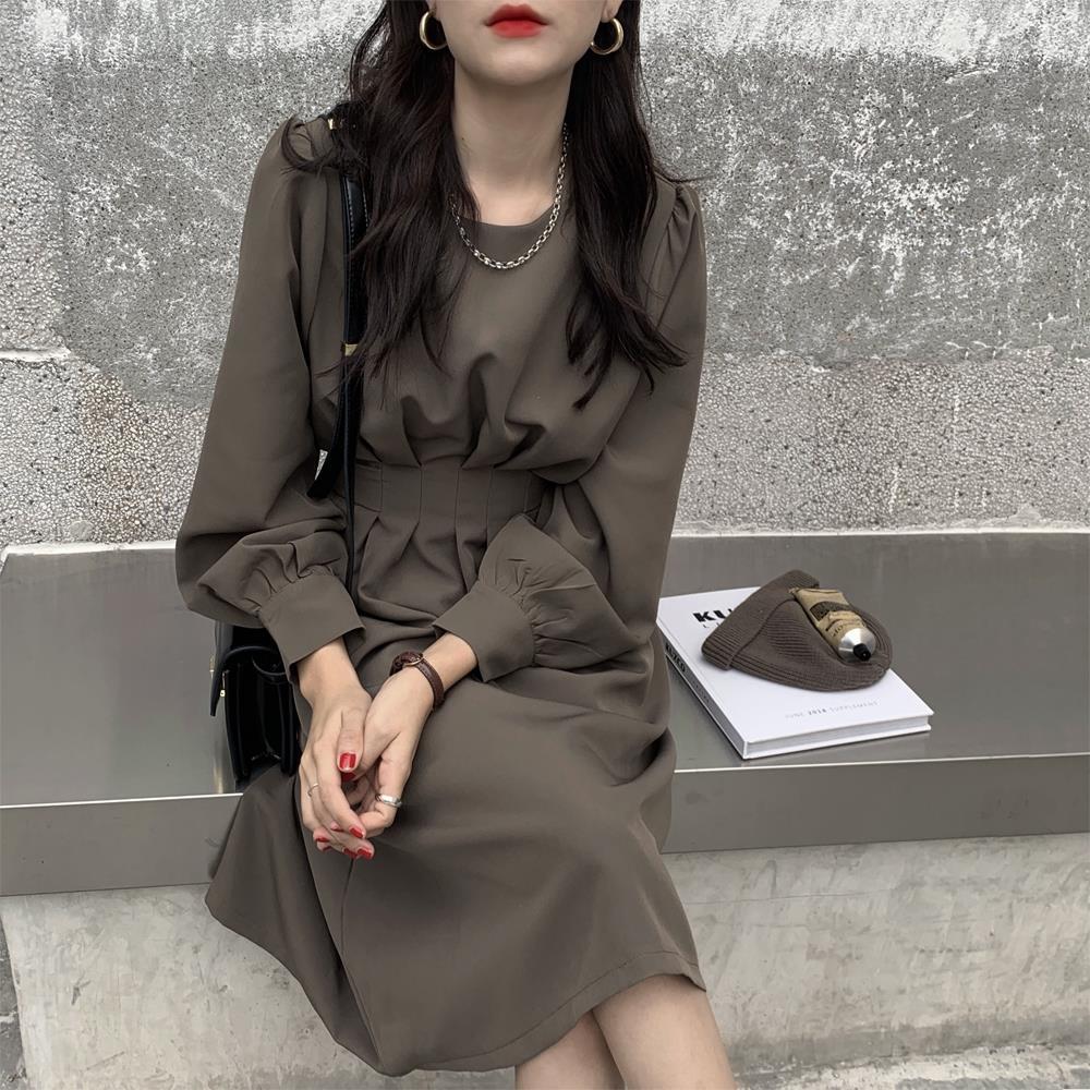 Women Dress Round Neck Waist-Tight Elegant Office Lady Mid Calf Dresses Mori-girl Temperament Outwear Loose Casual Vestidos New alx