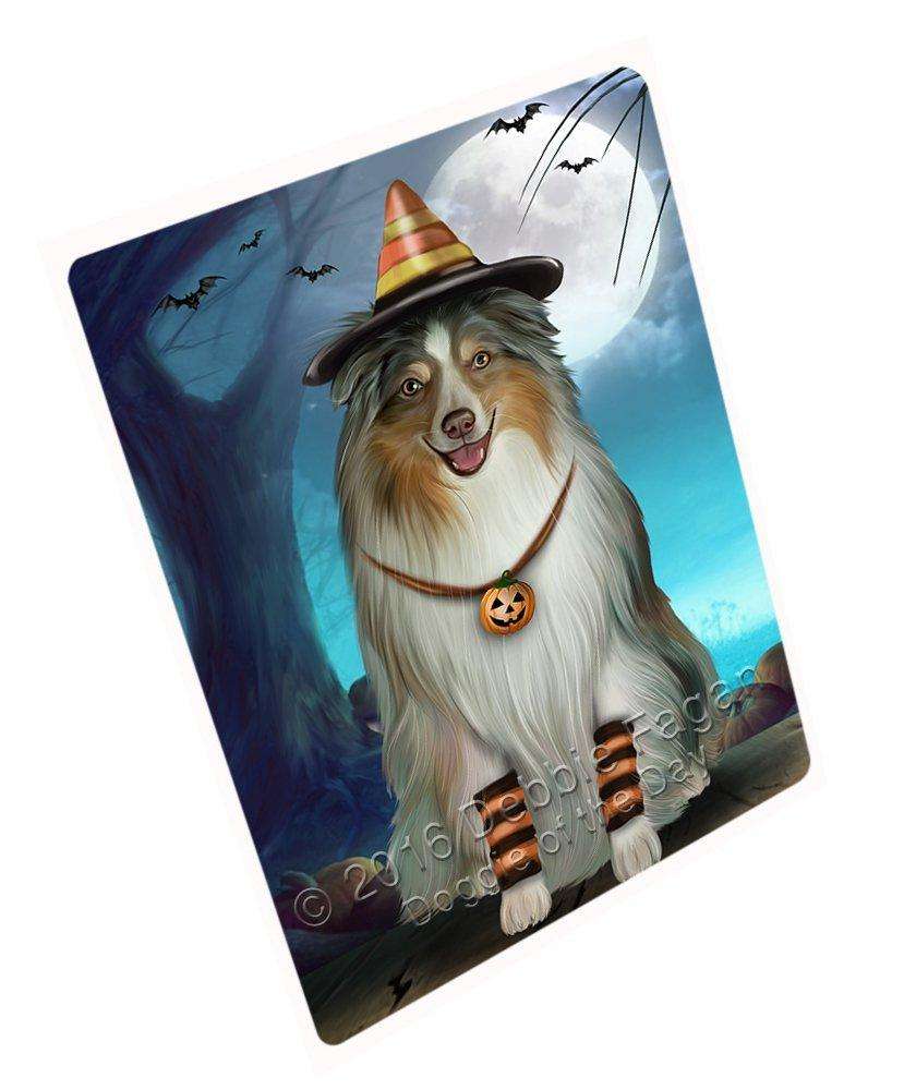 Happy Halloween Trick Or Treat Australian Shepherd Dog Candy Corn Art Portrait Print Woven Throw Sherpa Plush Fleece Blanket