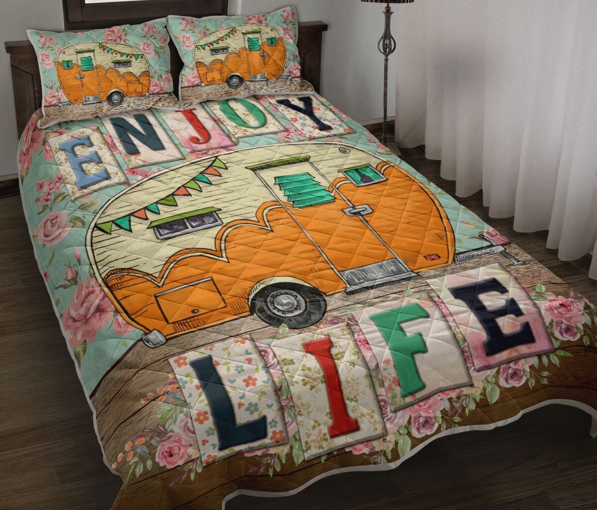 222KKCP-CAMPING CAR FLOWER VINTAGE WOOD QUILT BED SET