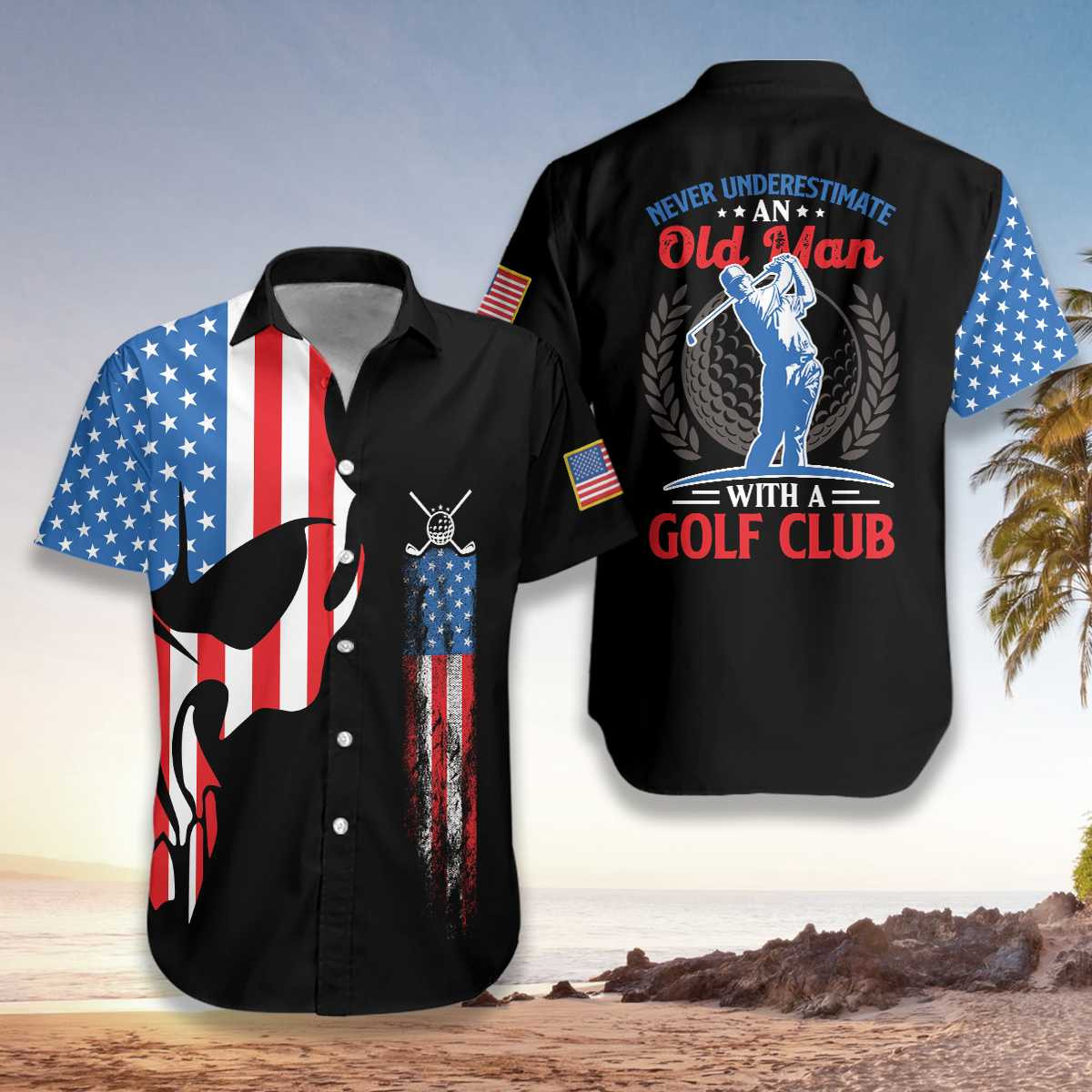 Skull Old Man Golf With American Flag Hawaii Aloha Shirts H Ha62861