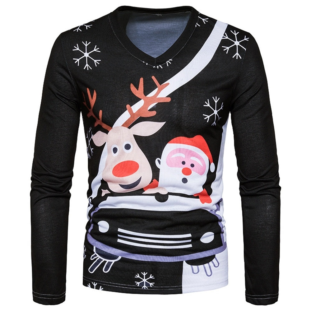 V Neck Cartoon Deer Santa Print Ugly Christmas T Shirt For Men 2051