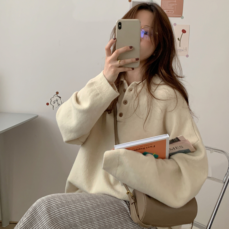 Women’s Clothing Vintage Knitting Sweater Button Polo Collar Long Sleeves Casual Simplicity Fashion Baggy Ladies Tops Autumn alx