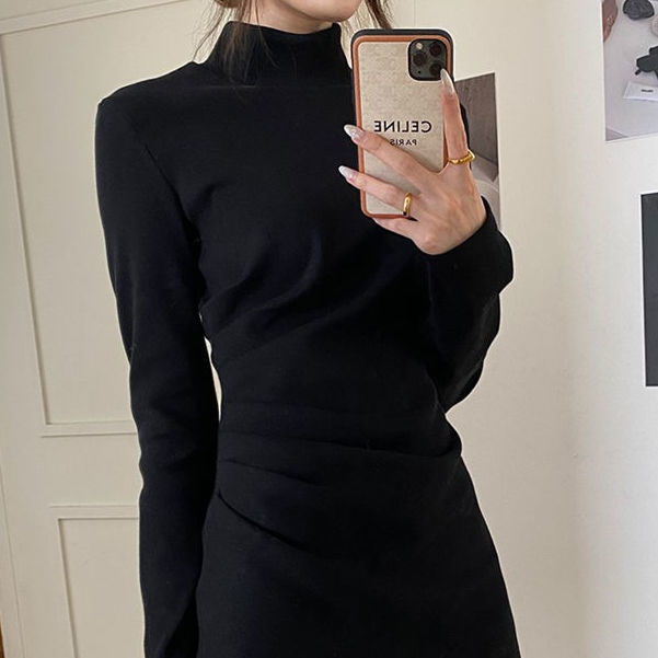 Women Turtleneck Dress Autumn Winter Long Sleeve Bottoming Slender Dresses Elegant Ladies Folds Fashion Solid Simple Vestidos OL alx