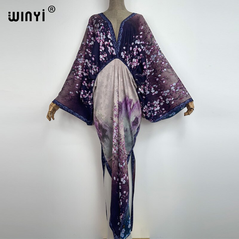 WINYI 2022 Bohemian Summer Beach High quality Double sided printing elegant silk dress Women holiday party Evening deep V dress alx