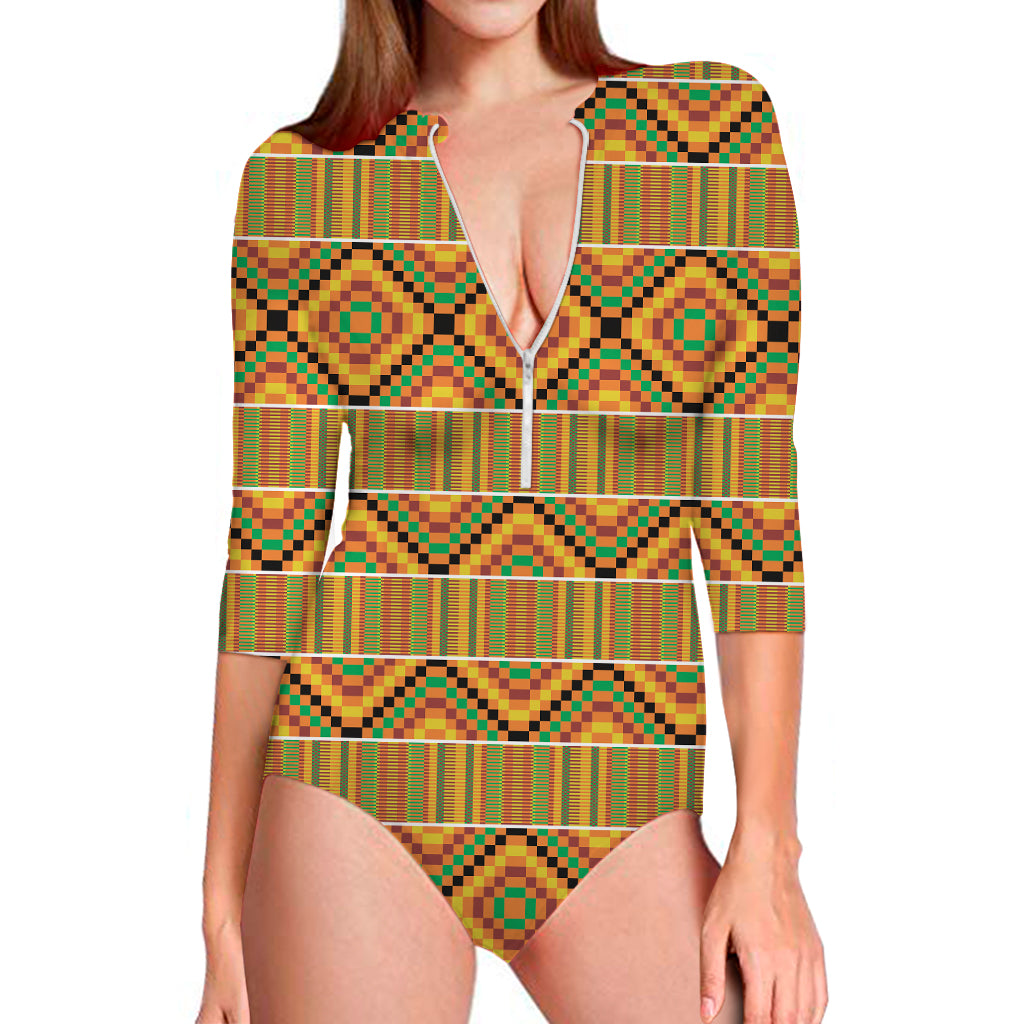 Ethnic Kente Pattern Print Long Sleeve One Piece Swimsuit