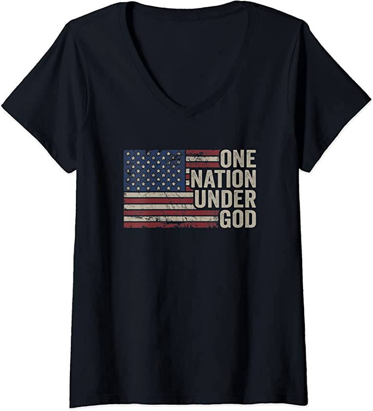 Womens ONE NATION UNDER GOD – Christian USA Vintage American Flag V-Neck T-Shirt