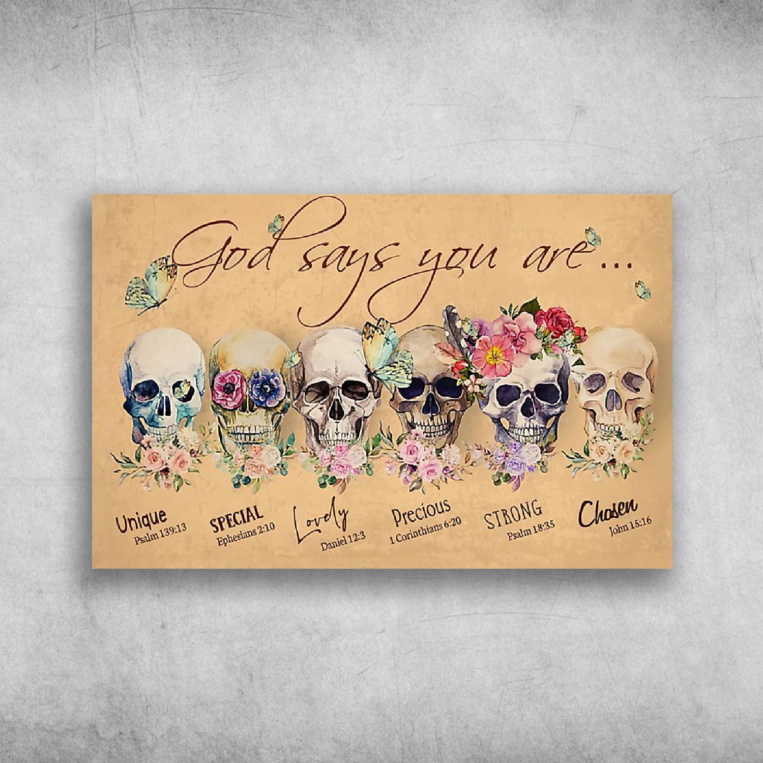 God Says You Are Unique Special Lovely Skull Flower And Butterfly Poster Print Wall Art Canvas Wall Decor