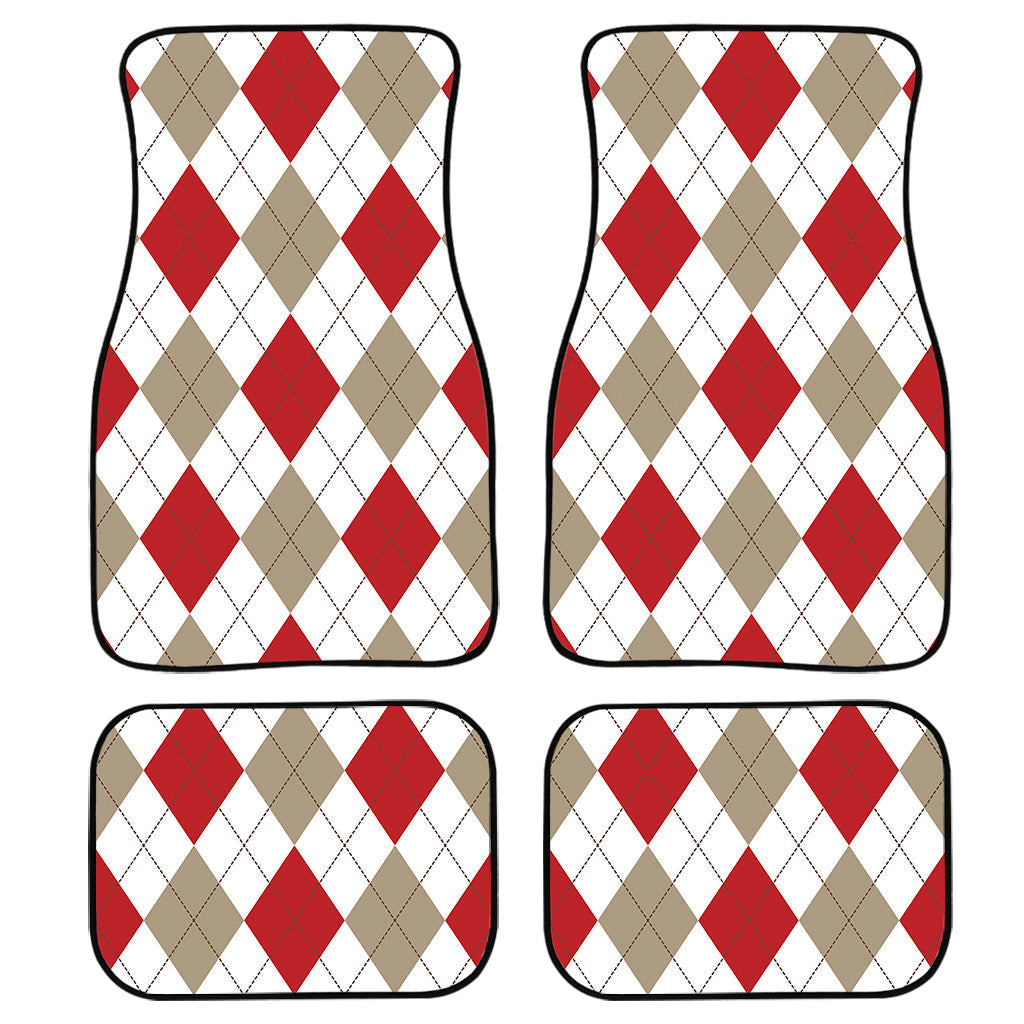 White Red And Beige Argyle Pattern Print Front And Back Car Floor Mats, Front Car Mat