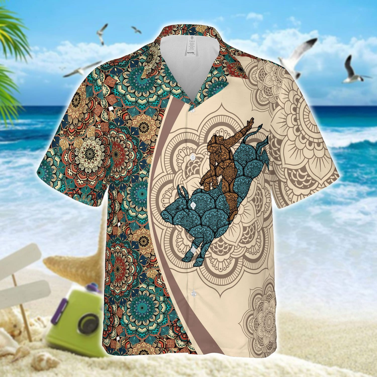 Amazing Bull Riding Brown Mandala Unisex Hawaii Shirts Beach Shorts Ha14239