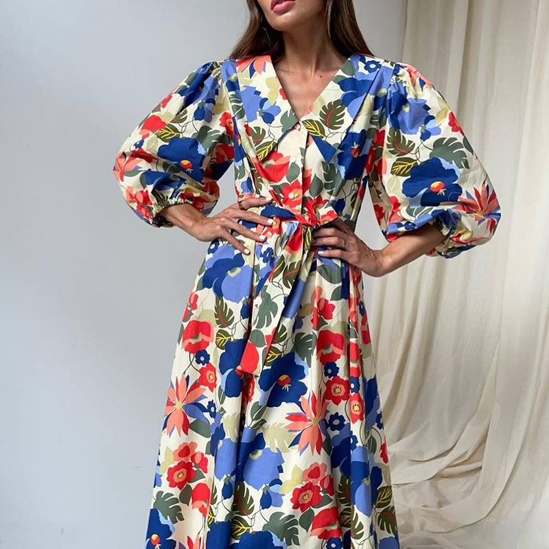 Women Sexy V Neck Split Beach Dress Vintage Lady Floral Print Party Dress Fashion Casual Puff Sleeve Button Long Dress Vestidos alx