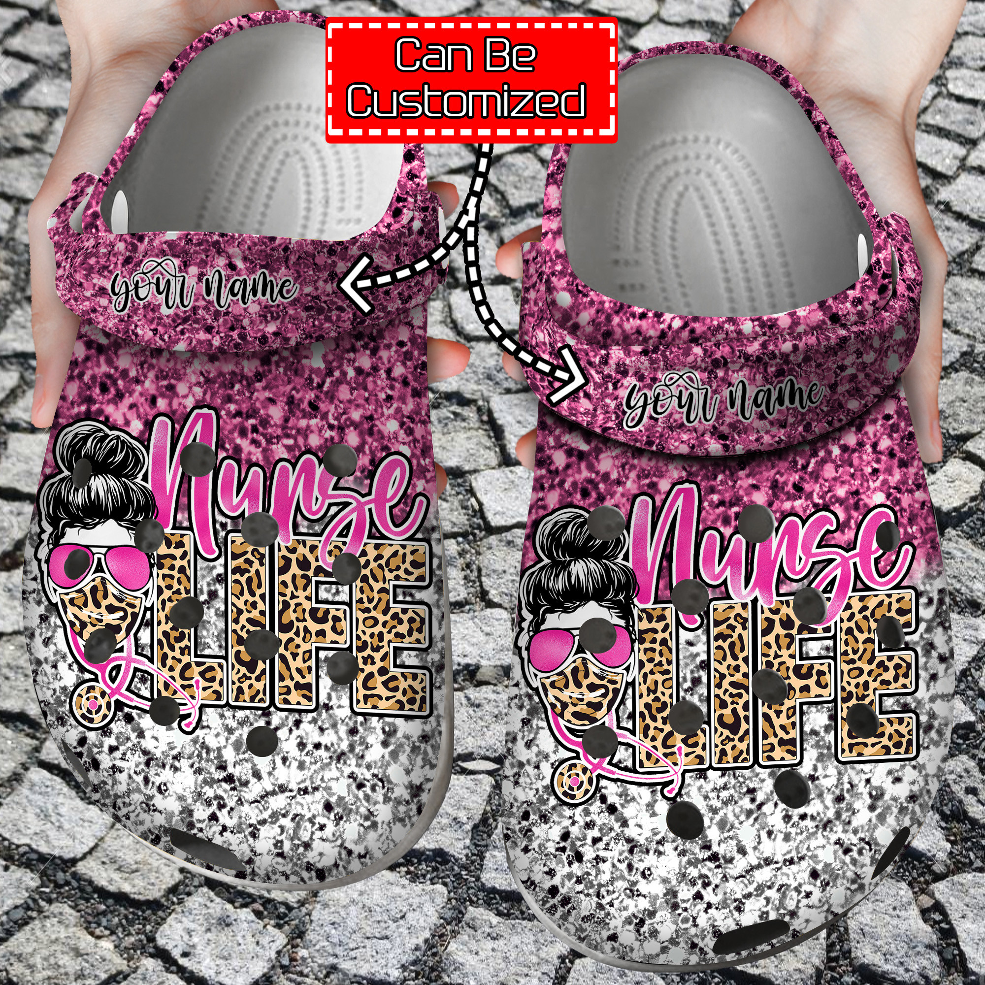 Nurse Crocs – Personalized Nurse Life Face Leopard Gliiter Clog Shoes