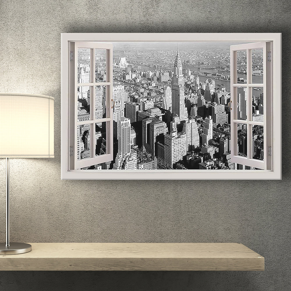 Black And White 1930S New York City 3D Window Bay View Canvas Print – Canvas Painting, Canvas Art, Wall Art, Wall Decor