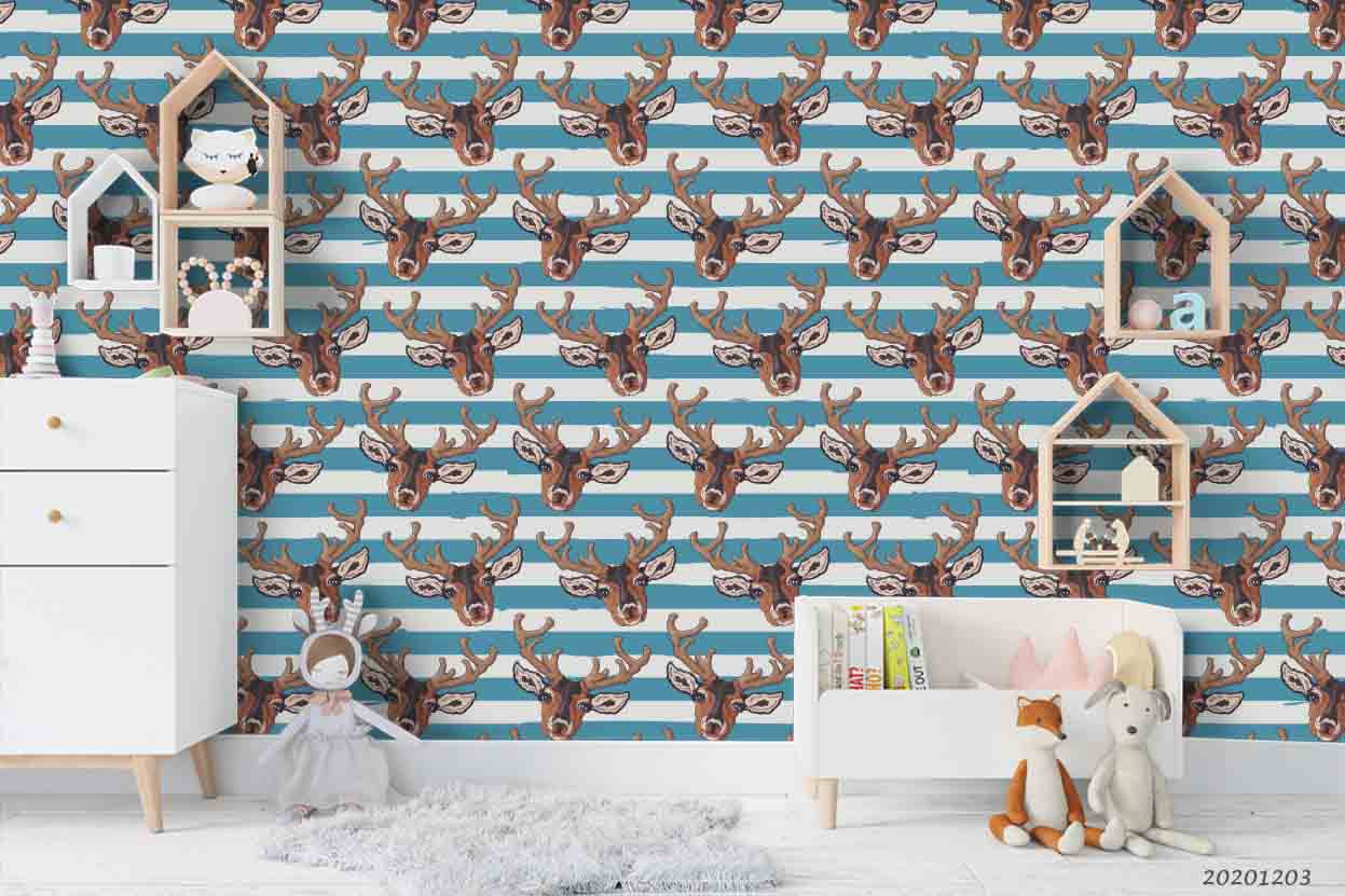 3D Cartoon Bucks Animal Blue Stripe Wall Mural Wallpaper Lxl