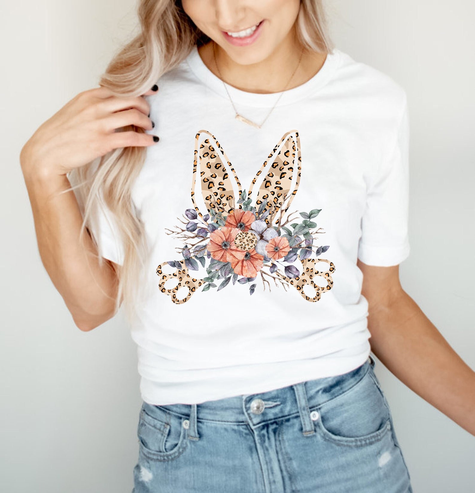 Bunny With Flowers Leopard Shirt, Easter TShirt, Easter Bunny Graphic Tee, Easter T shirts for Women, Ladies Easter Bunny Shirt